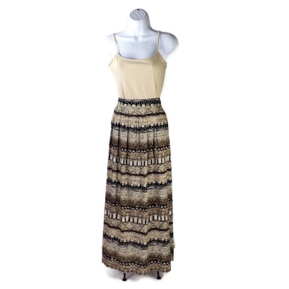 Vintage Studio C Black Tan Aztec Tribal Print Pleated Maxi Skirt Women 24 1990's